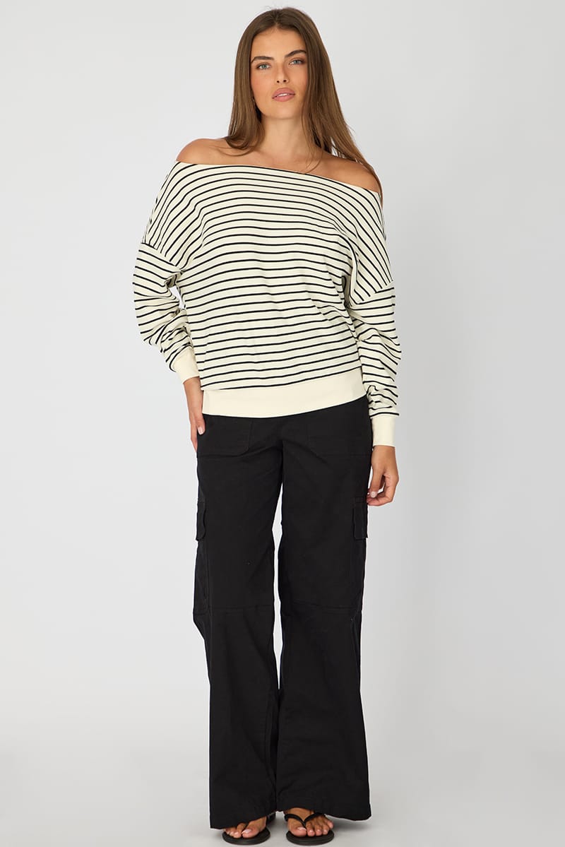 White Stripe Off Shoulder Top Long Sleeve for Ally Fashion