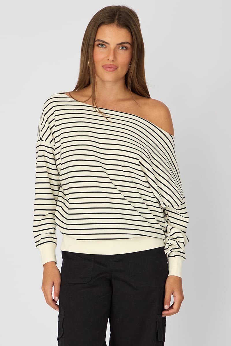 White Stripe Off Shoulder Top Long Sleeve for Ally Fashion