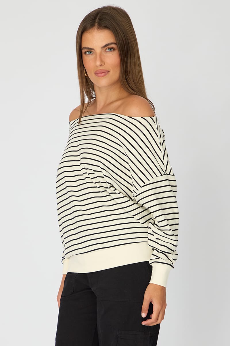 White Stripe Off Shoulder Top Long Sleeve for Ally Fashion