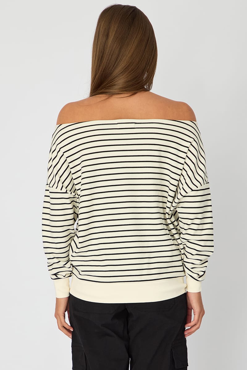 White Stripe Off Shoulder Top Long Sleeve for Ally Fashion