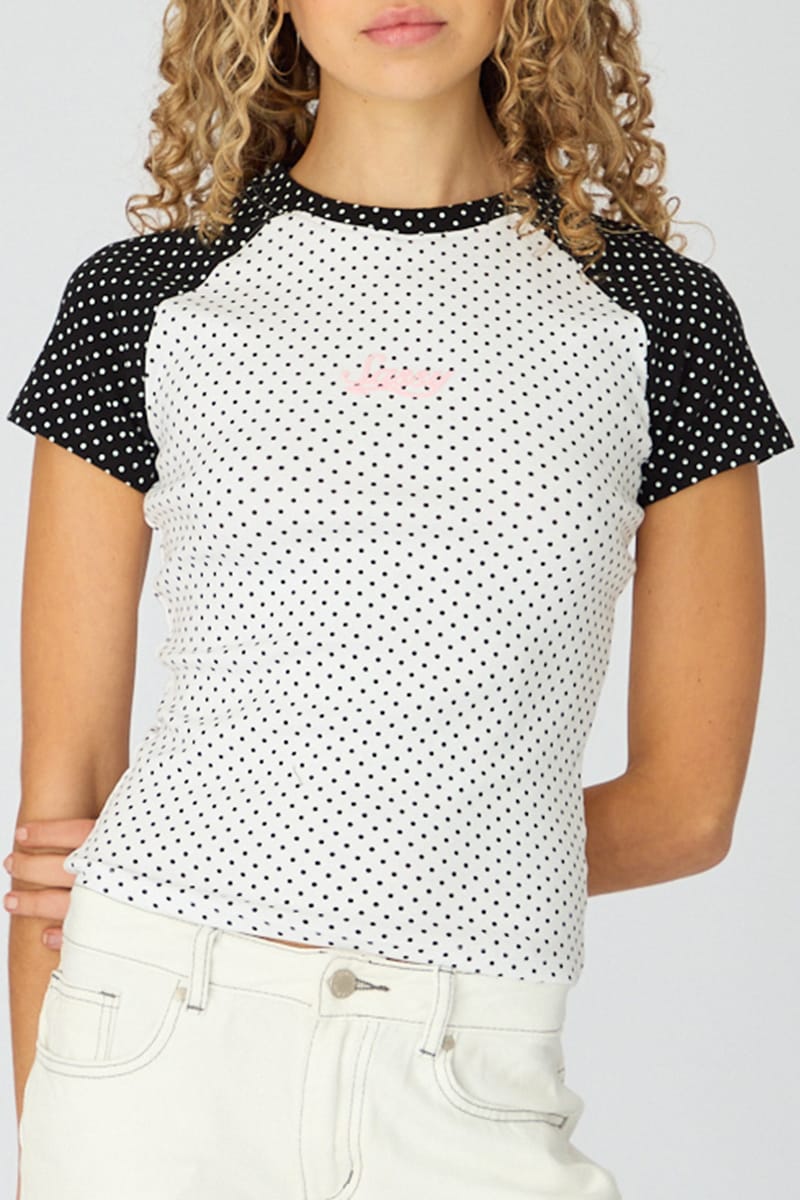 White Polka Dot Raglan Graphic Tee Short Sleeve for Ally Fashion
