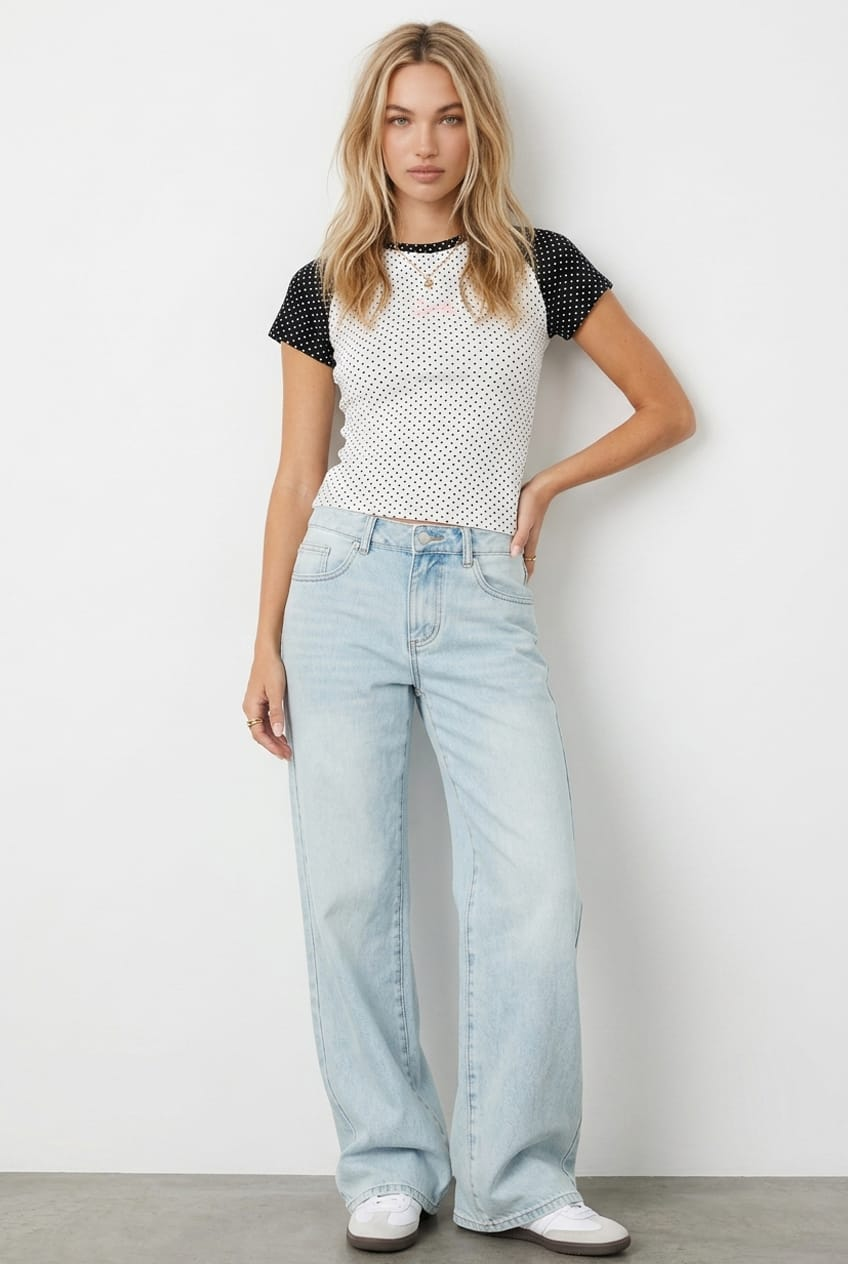 White Polka-Dot Raglan Graphic Tee Short-Sleeve from Ally Fashion