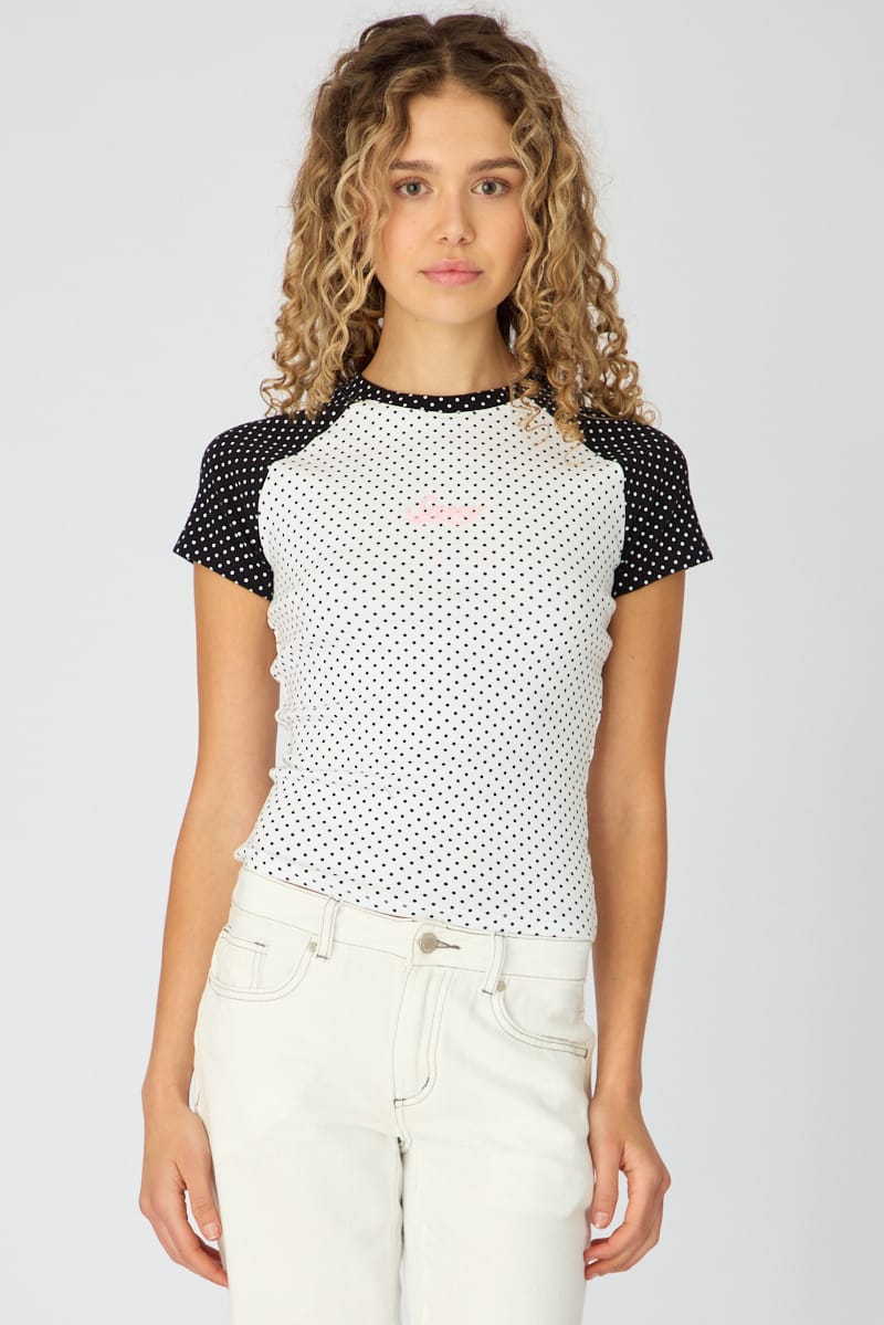 White Polka Dot Raglan Graphic Tee Short Sleeve for Ally Fashion