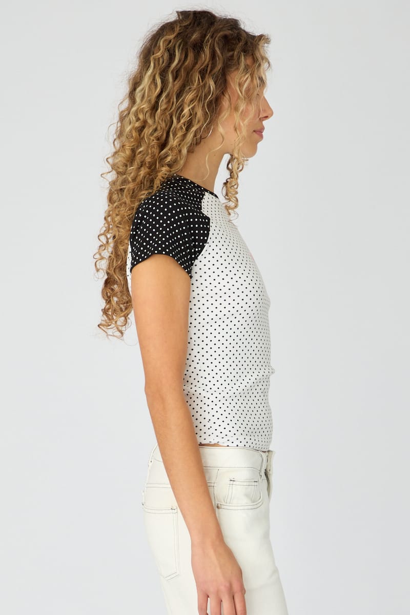 White Polka Dot Raglan Graphic Tee Short Sleeve for Ally Fashion