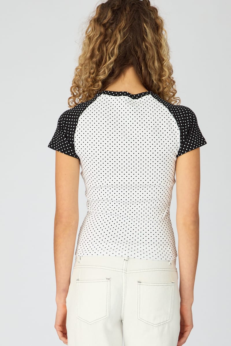 White Polka Dot Raglan Graphic Tee Short Sleeve for Ally Fashion