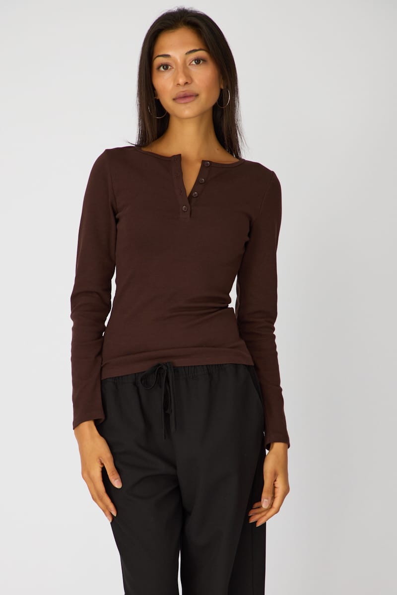 Brown Long Sleeve Henley Shirt for Ally Fashion