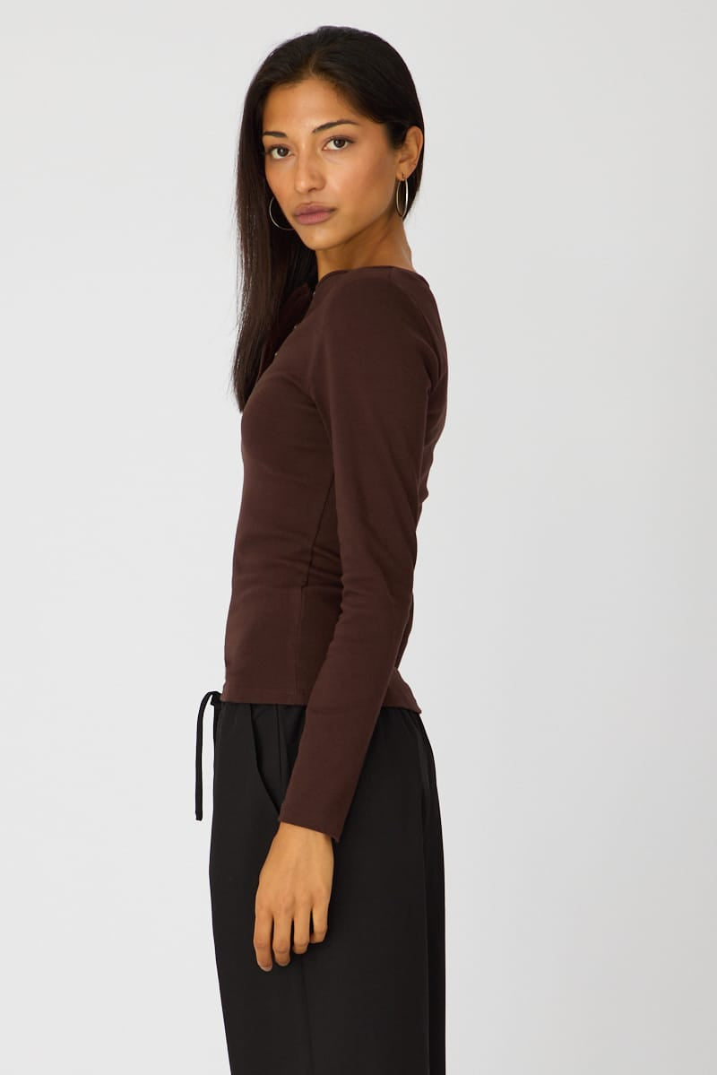 Brown Long Sleeve Henley Shirt for Ally Fashion