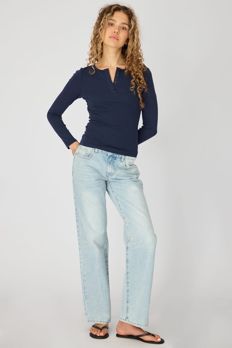 Blue Long Sleeve Henley Shirt for Ally Fashion
