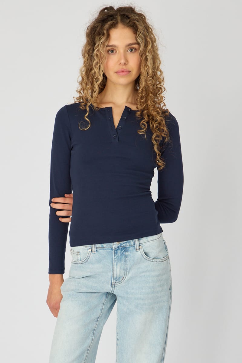 Blue Long Sleeve Henley Shirt for Ally Fashion