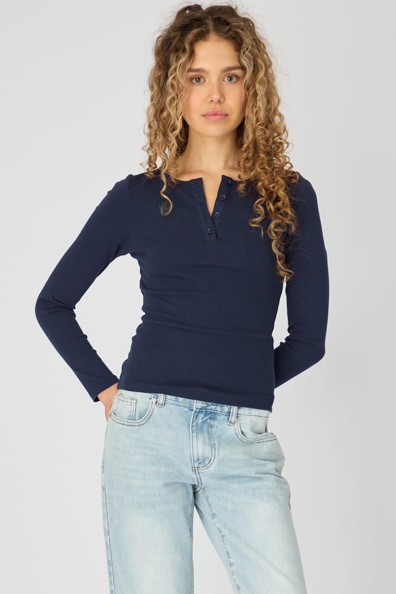 Blue Long Sleeve Henley Shirt for Ally Fashion
