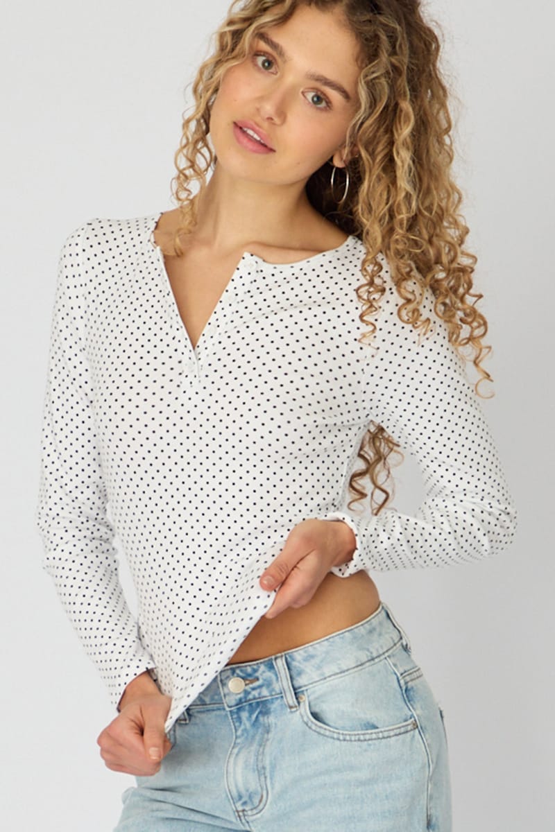 White Polka Dot Long Sleeve Henley Shirt for Ally Fashion