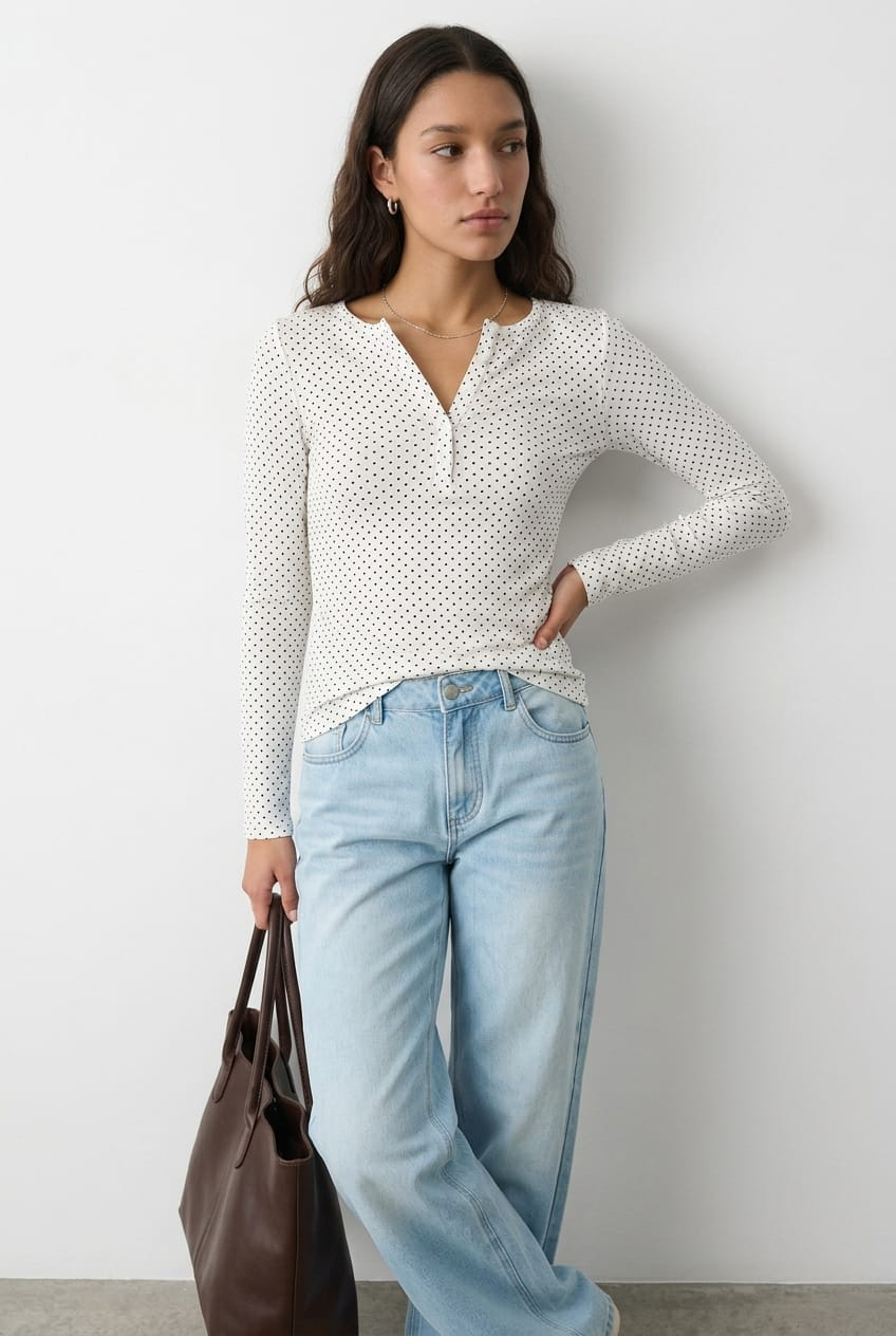 White Polka Dot Long Sleeve Henley Shirt for Ally Fashion