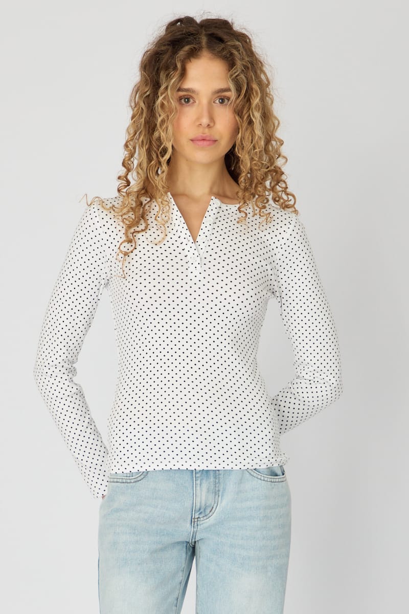 White Polka Dot Long Sleeve Henley Shirt for Ally Fashion