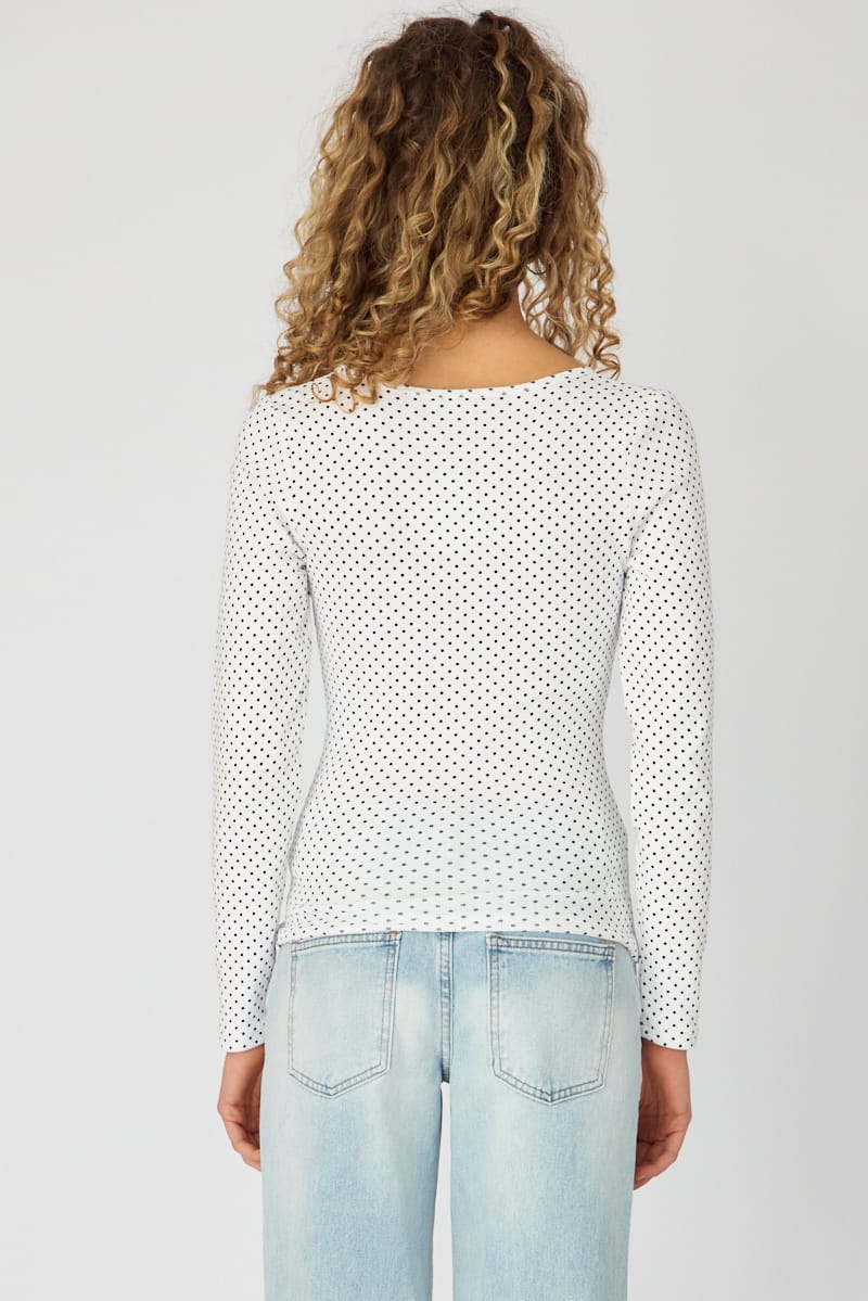 White Polka Dot Long Sleeve Henley Shirt for Ally Fashion