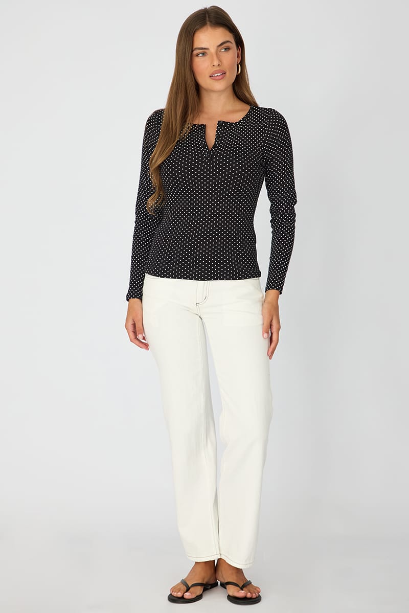 Black Polka Dot Henley Shirt Long Sleeve for Ally Fashion