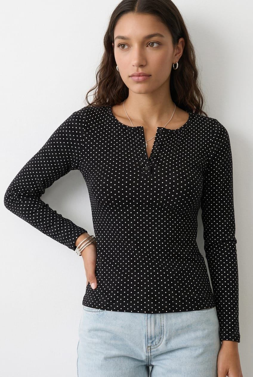 Black Polka Dot Henley Shirt Long Sleeve for Ally Fashion