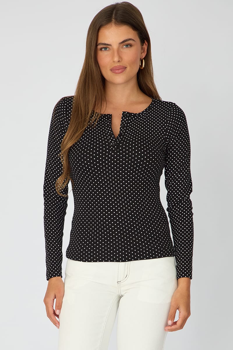 Black Polka Dot Henley Shirt Long Sleeve for Ally Fashion