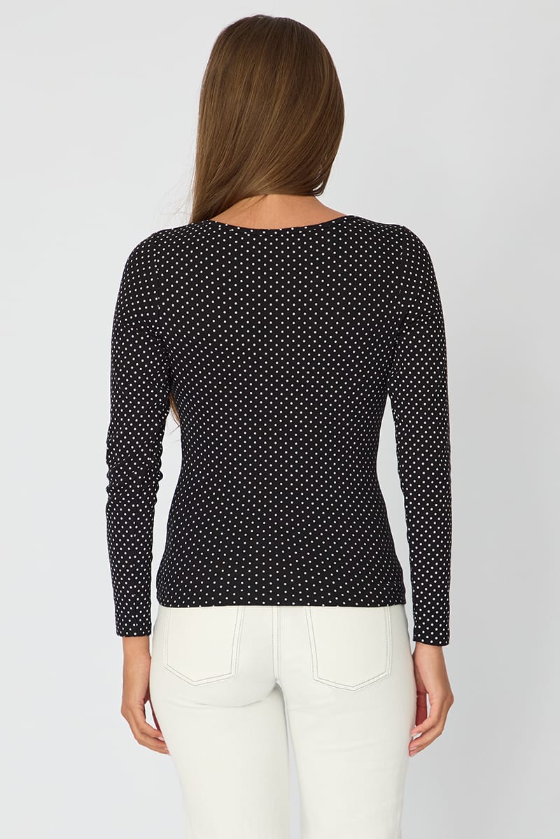 Black Polka Dot Henley Shirt Long Sleeve for Ally Fashion