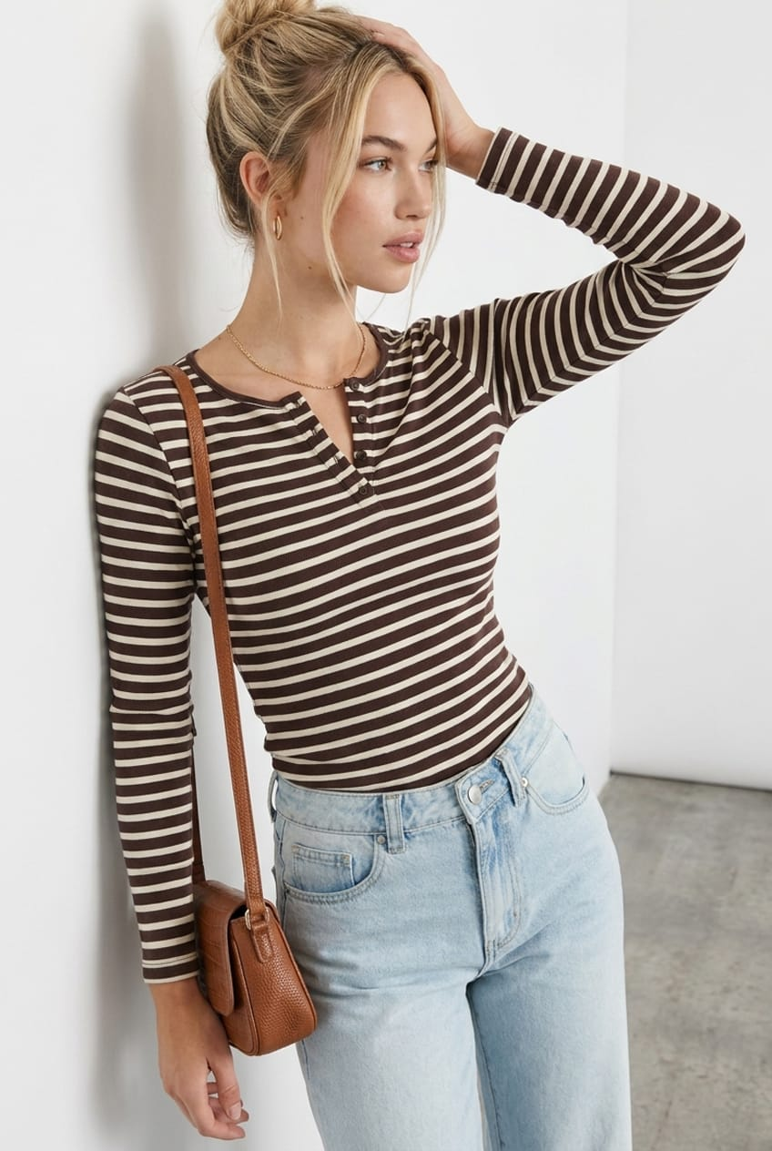 Brown Stripe Henley Shirt Long-Sleeve from Ally Fashion