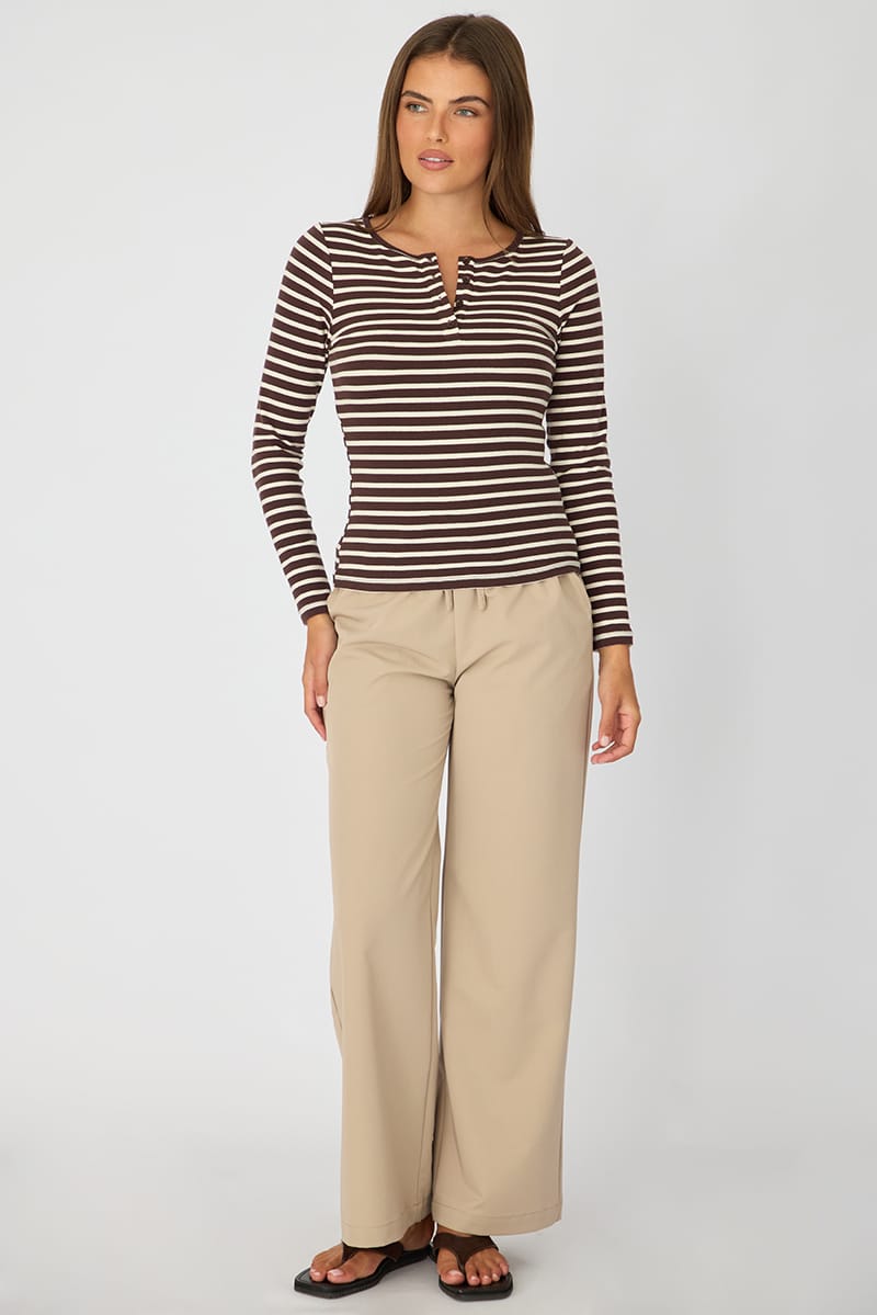 Brown Stripe Henley Shirt Long Sleeve for Ally Fashion