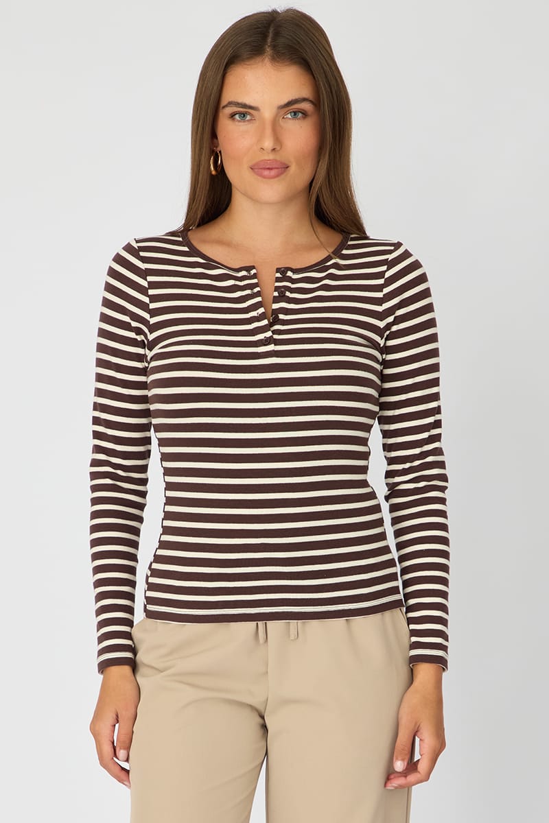 Brown Stripe Henley Shirt Long Sleeve for Ally Fashion