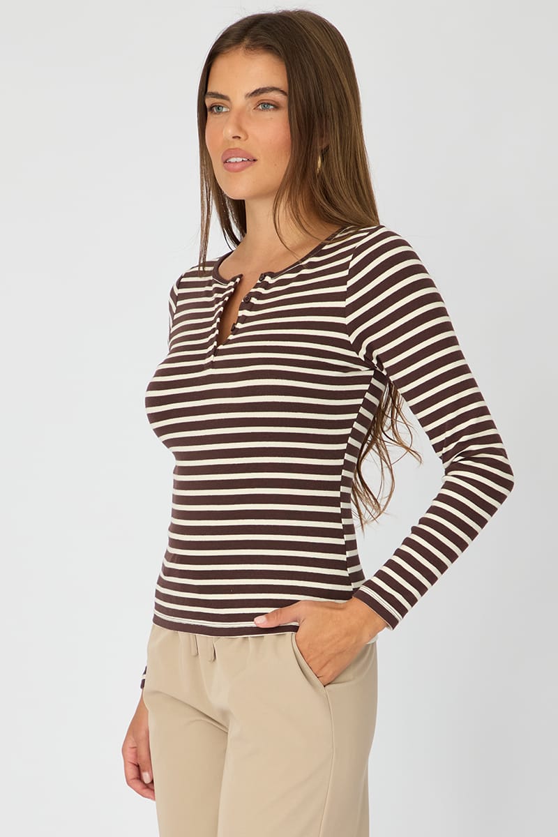 Brown Stripe Henley Shirt Long Sleeve for Ally Fashion