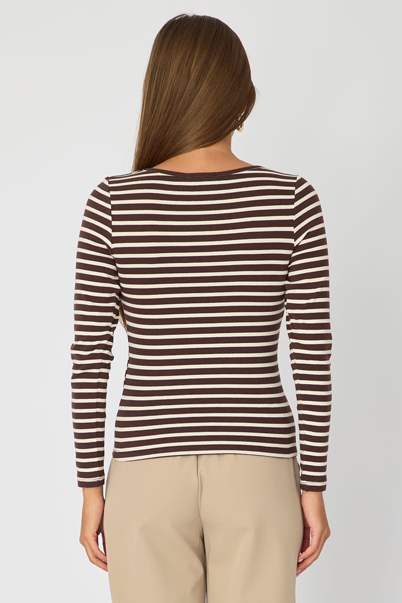 Brown Stripe Henley Shirt Long Sleeve for Ally Fashion