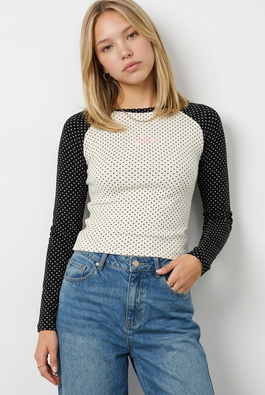 White Polka-Dot Raglan Graphic Tee Long-Sleeve from Ally Fashion