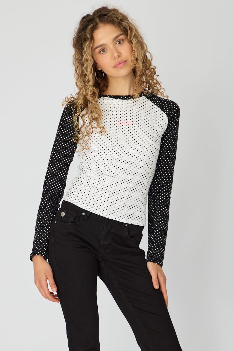 White Polka Dot Raglan Graphic Tee Long Sleeve for Ally Fashion