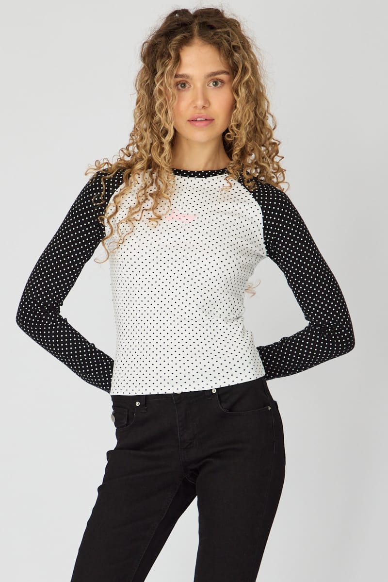 White Polka Dot Raglan Graphic Tee Long Sleeve for Ally Fashion