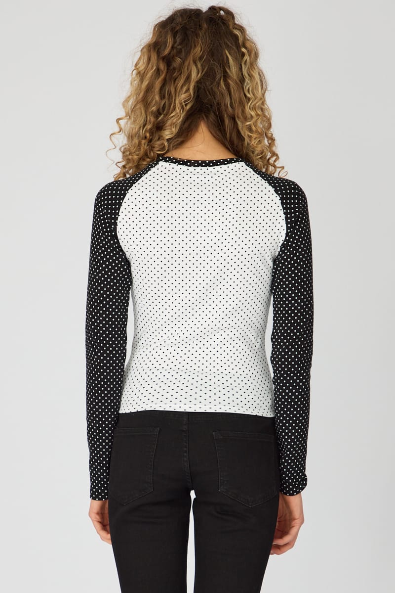 White Polka Dot Raglan Graphic Tee Long Sleeve for Ally Fashion