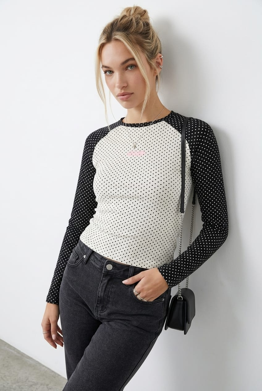 White Polka Dot Raglan Graphic Tee Long Sleeve for Ally Fashion
