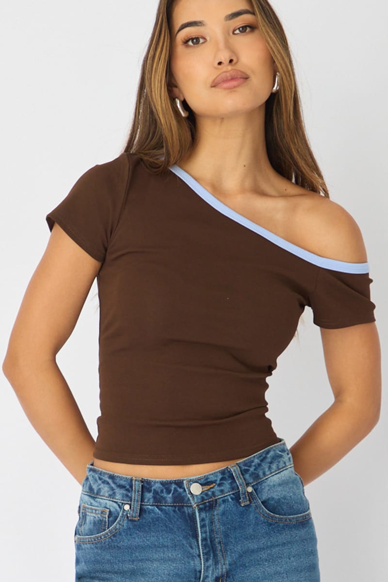 Brown One Shoulder Tee for Ally Fashion