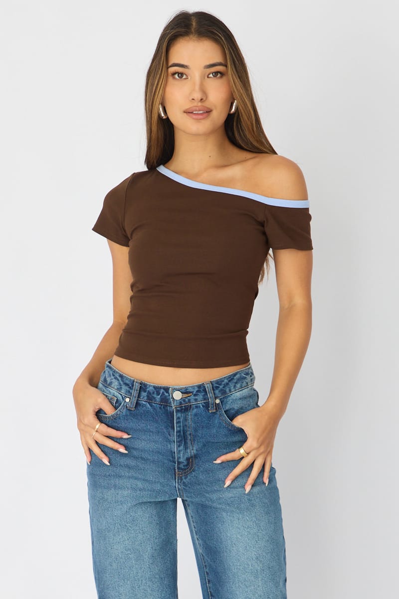 Brown One Shoulder Tee for Ally Fashion