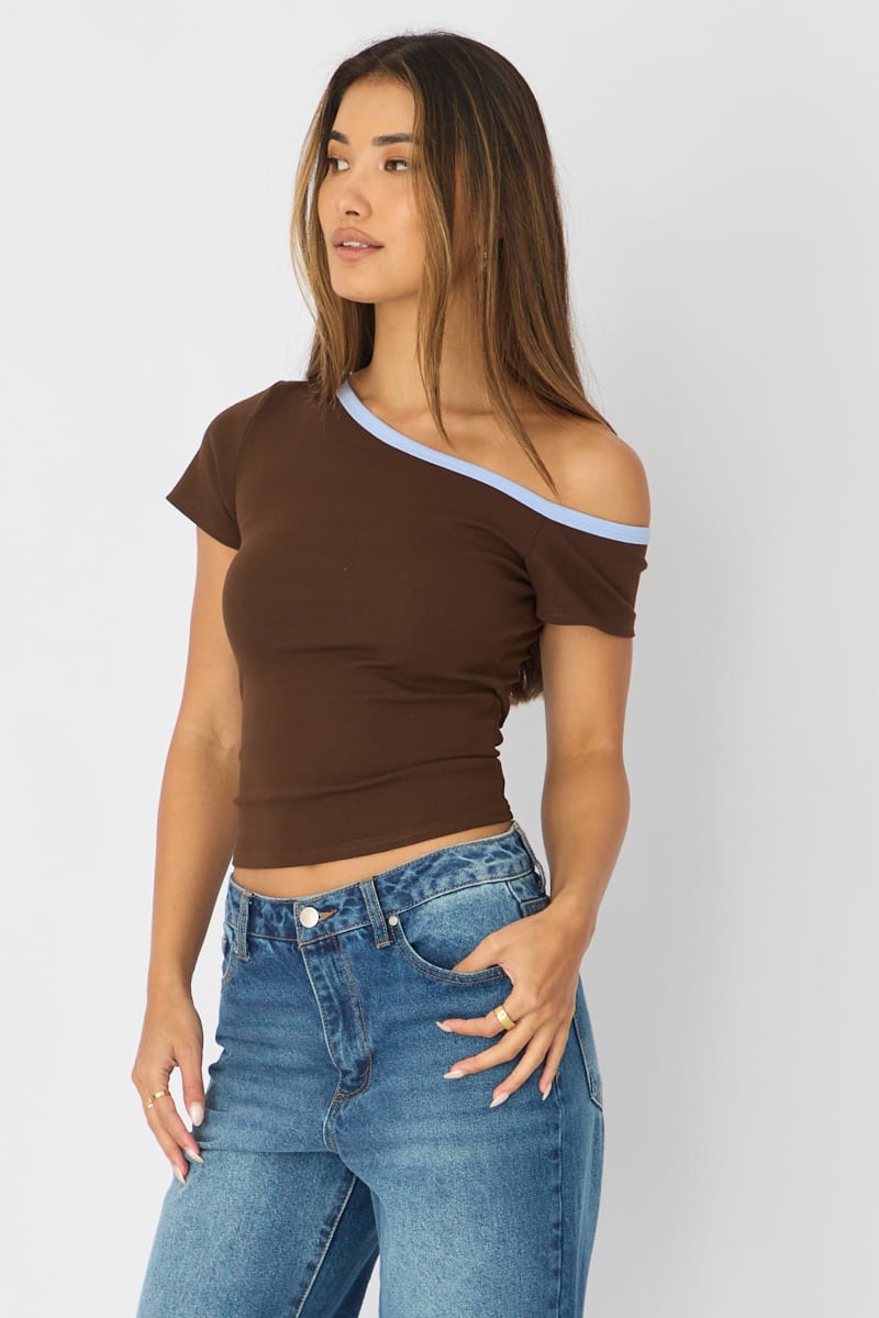 Brown One Shoulder Tee for Ally Fashion