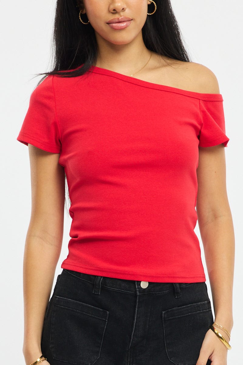 Red One Shoulder Tee for Ally Fashion