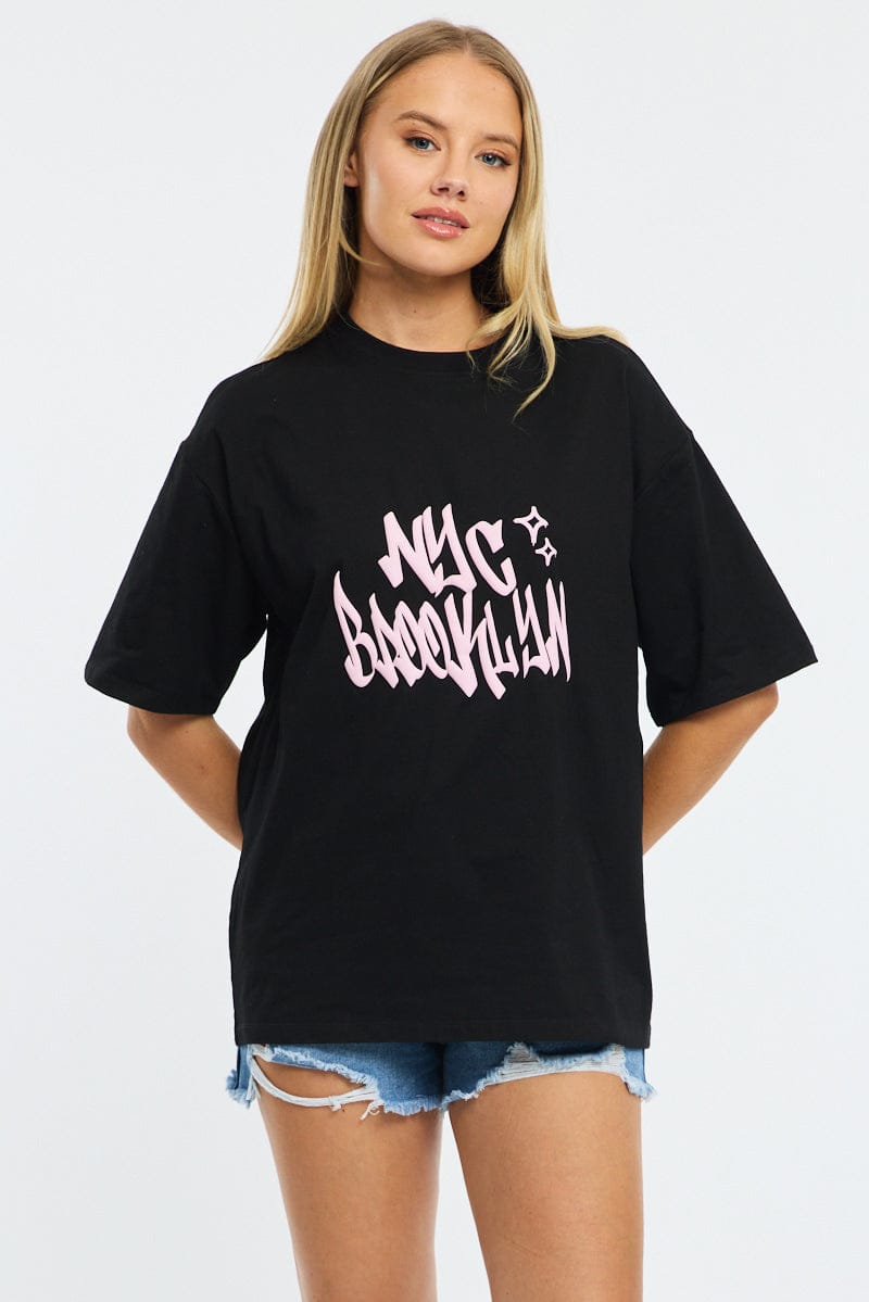 Black Graphic Tee Short Sleeve for Ally Fashion