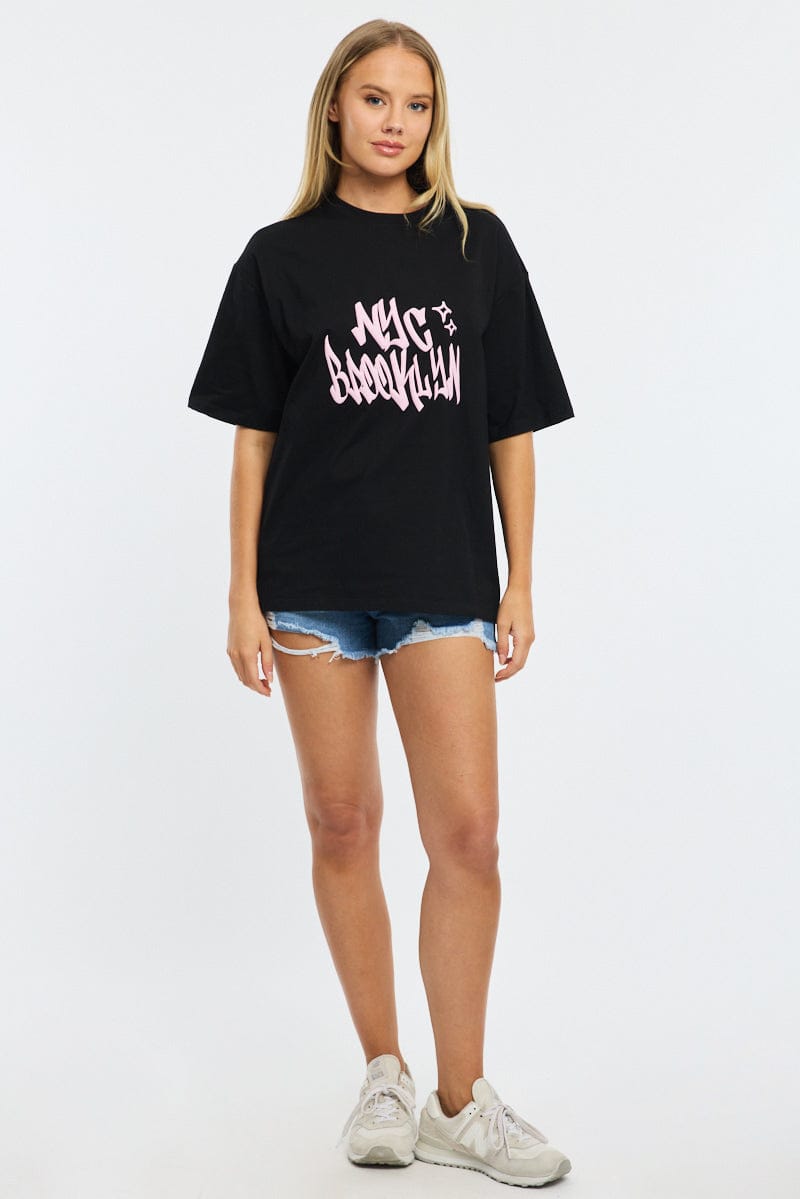 Black Graphic Tee Short Sleeve for Ally Fashion