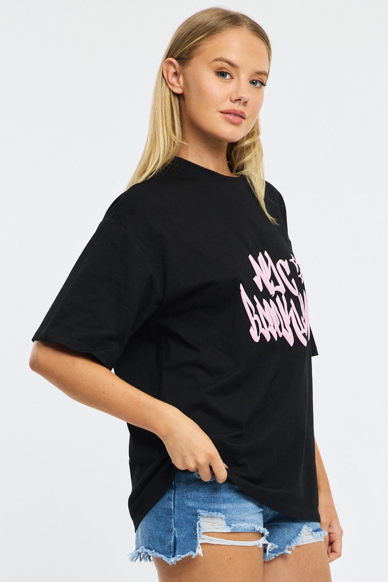 Black Graphic Tee Short Sleeve for Ally Fashion