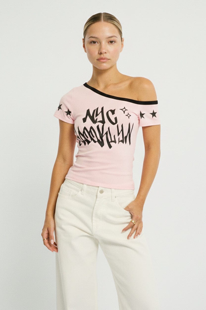 Pink One Shoulder Graphic Tee