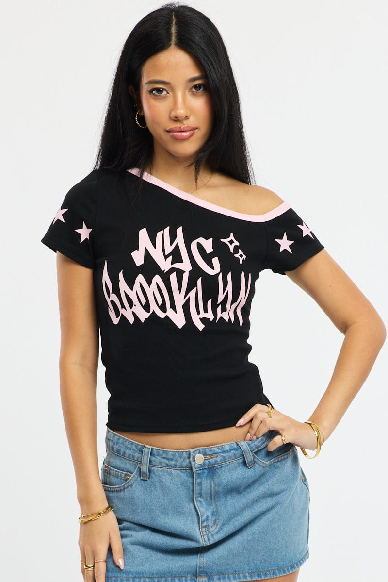 Black One Shoulder Graphic Tee for Ally Fashion