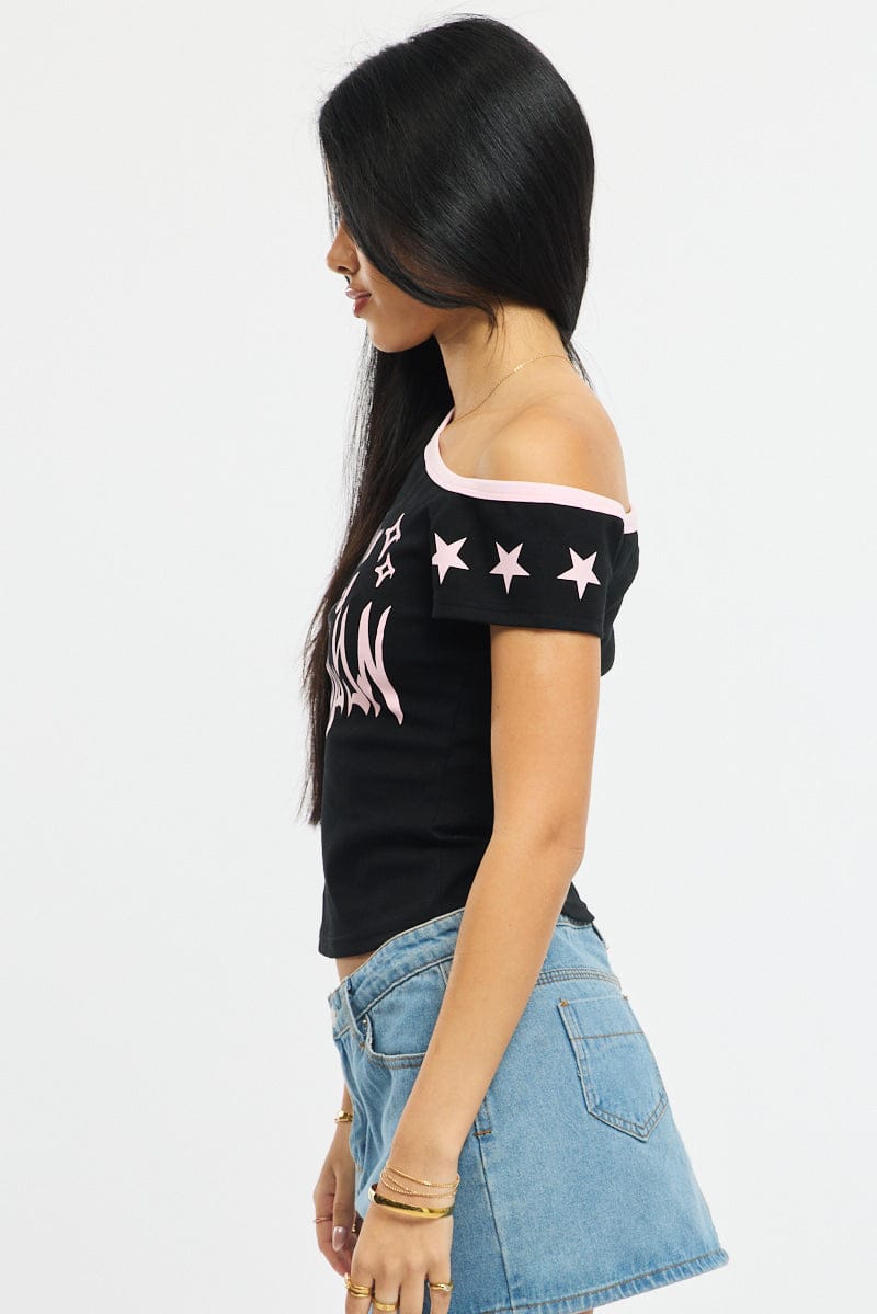 Black One Shoulder Graphic Tee for Ally Fashion