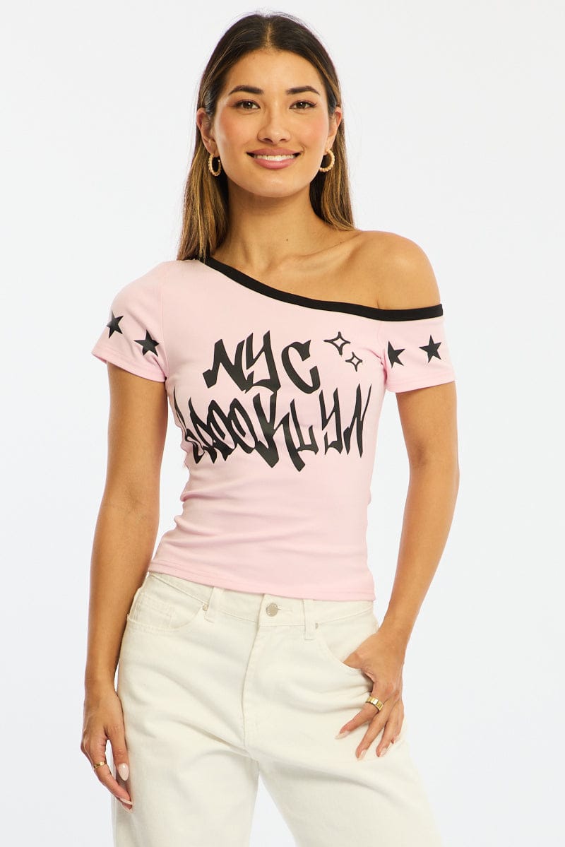 Pink One Shoulder Graphic Tee for Ally Fashion