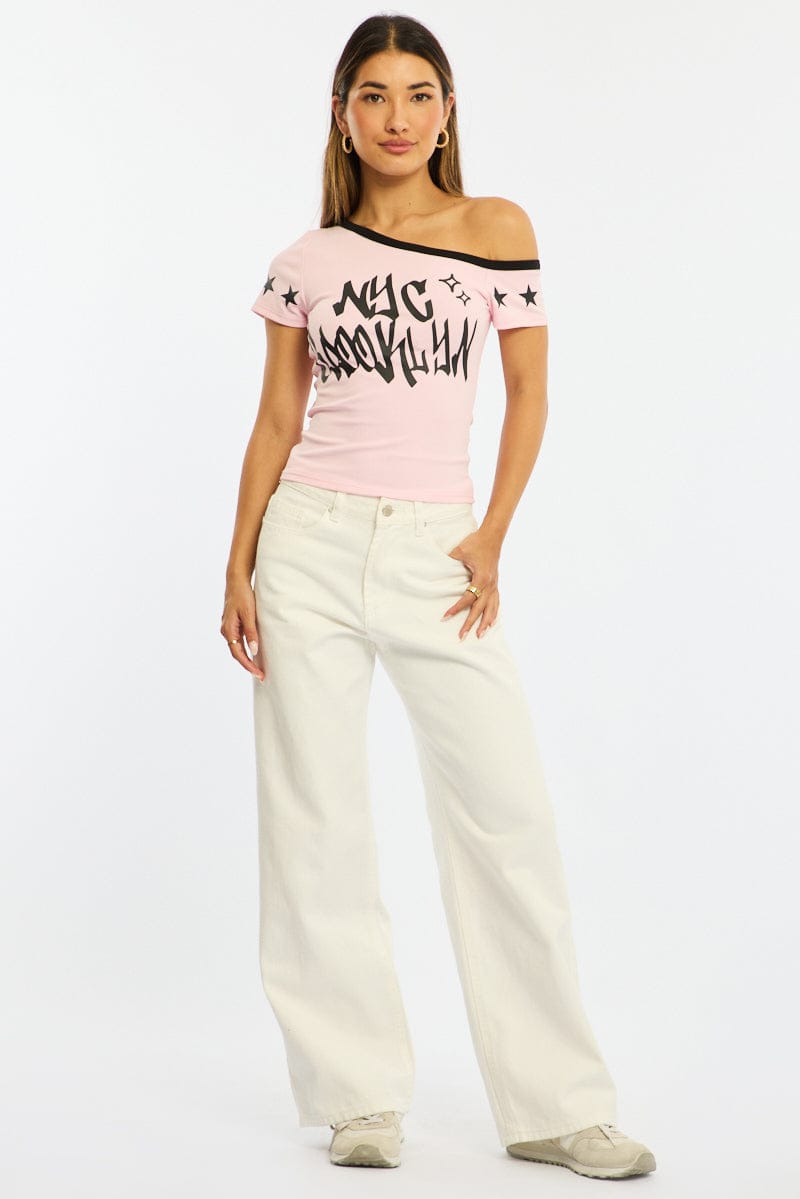Pink One Shoulder Graphic Tee for Ally Fashion