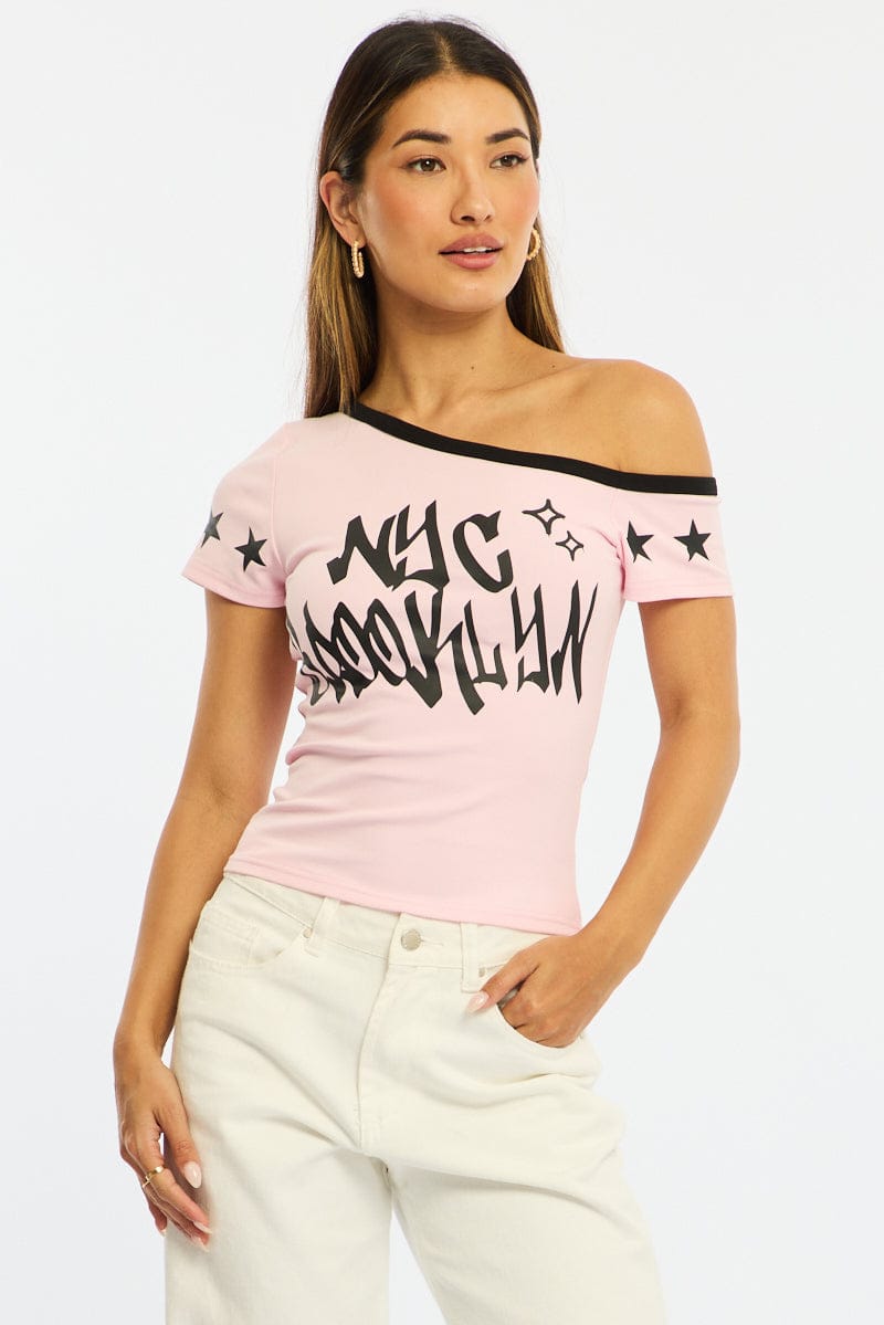 Pink One Shoulder Graphic Tee for Ally Fashion