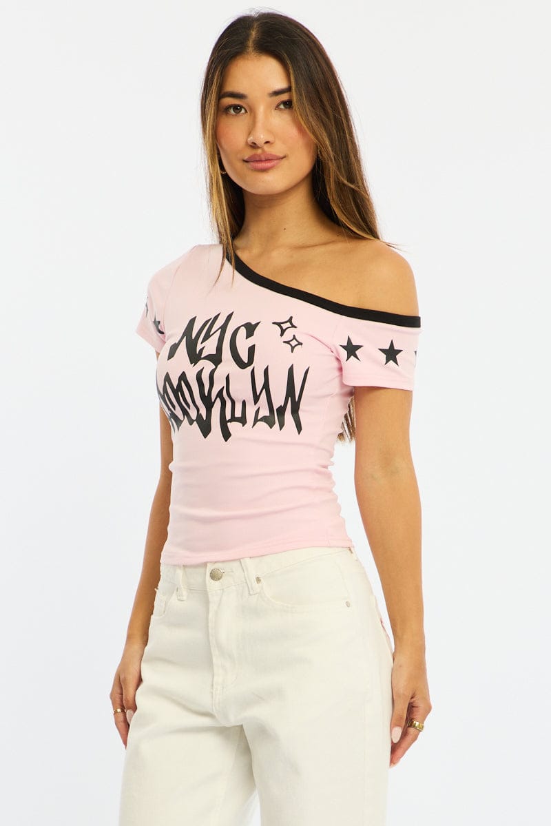 Pink One Shoulder Graphic Tee for Ally Fashion