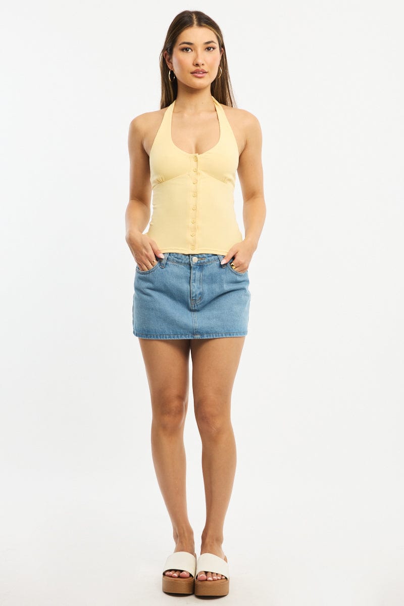 Yellow Halter Neck Top Button Front Rib for Ally Fashion