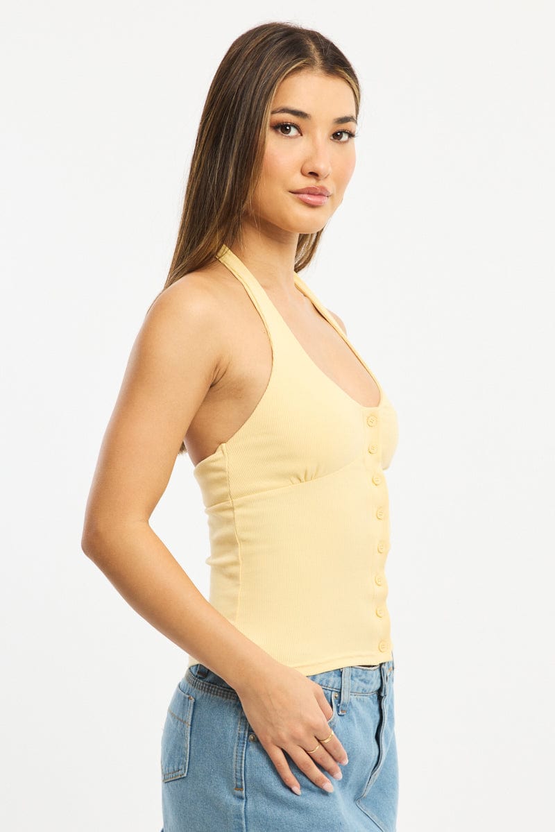 Yellow Halter Neck Top Button Front Rib for Ally Fashion