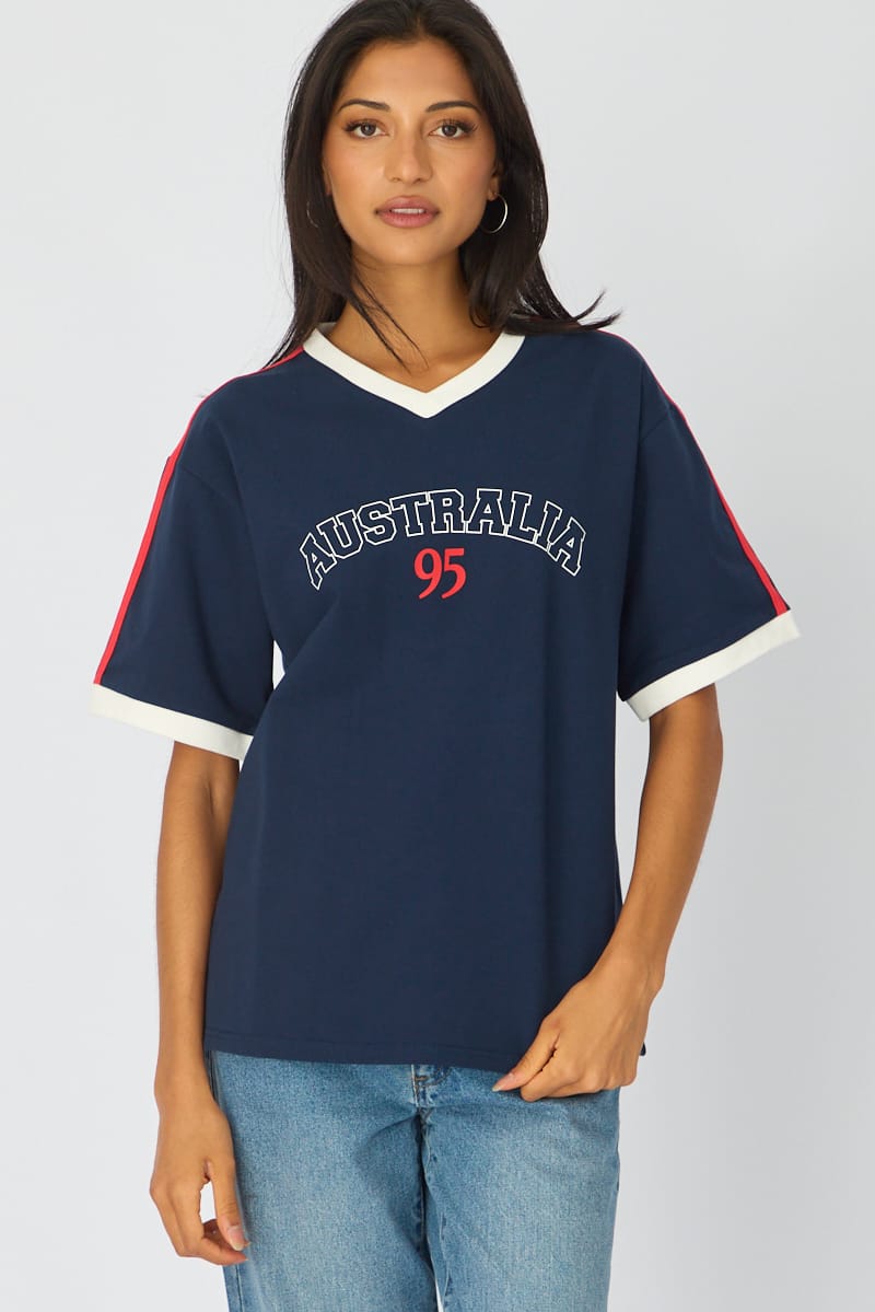 Blue Graphic Tee Short Sleeve for Ally Fashion