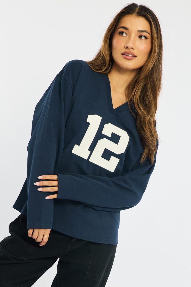 Blue V-neck Sweater Long Sleeve for Ally Fashion